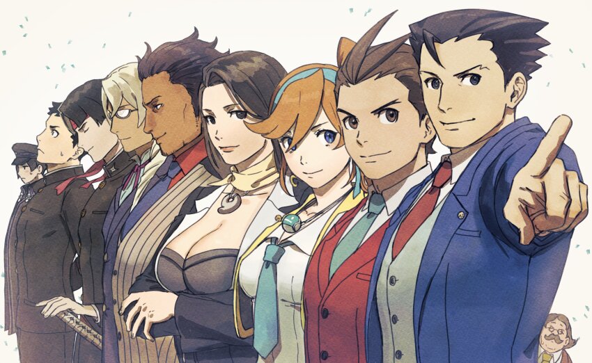 0shlkatsu 3girls 6+boys absurdres ace_attorney apollo_justice apollo_justice:_ace_attorney athena_cykes black_eyes black_hair black_jacket black_pants blue_eyes blue_jacket blue_necktie breasts brown_eyes brown_hair cleavage closed_eyes closed_mouth collared_shirt crossdressing crossed_arms dark-skinned_male dark_skin diego_armando earrings facial_hair gakuran glasses grey_vest hair_slicked_back hand_up hat headband highres jacket jewelry katana kazuma_asogi kristoph_gavin large_breasts long_hair long_sleeves looking_at_viewer magatama magatama_necklace marvin_grossberg medium_breasts mia_fey military_hat multiple_boys multiple_girls mustache necklace necktie orange_hair pants phoenix_wright phoenix_wright:_ace_attorney phoenix_wright:_ace_attorney_-_dual_destinies phoenix_wright:_ace_attorney_-_justice_for_all phoenix_wright:_ace_attorney_-_spirit_of_justice phoenix_wright:_ace_attorney_-_trials_and_tribulations pointing profile red_headband red_necktie red_shirt red_vest ryunosuke_naruhodo ryutaro_naruhodo school_uniform shirt short_hair smile susato_mikotoba sweatdrop sword the_great_ace_attorney upper_body v-shaped_eyebrows vest weapon white_background white_shirt yellow_jacket