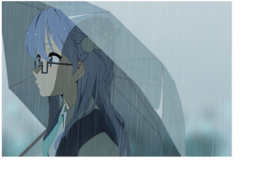 1girl 22/7 aqua_necktie black-framed_eyewear blue_eyes blue_hair border bow braid closed_mouth collared_shirt from_side hair_bow highres holding holding_umbrella light_blue_hair long_hair maruyama_akane necktie outdoors portrait rain rectangular_eyewear semi-rimless_eyewear shirt single_braid solo tanpaku_(oqu_2) umbrella under-rim_eyewear white_border white_shirt