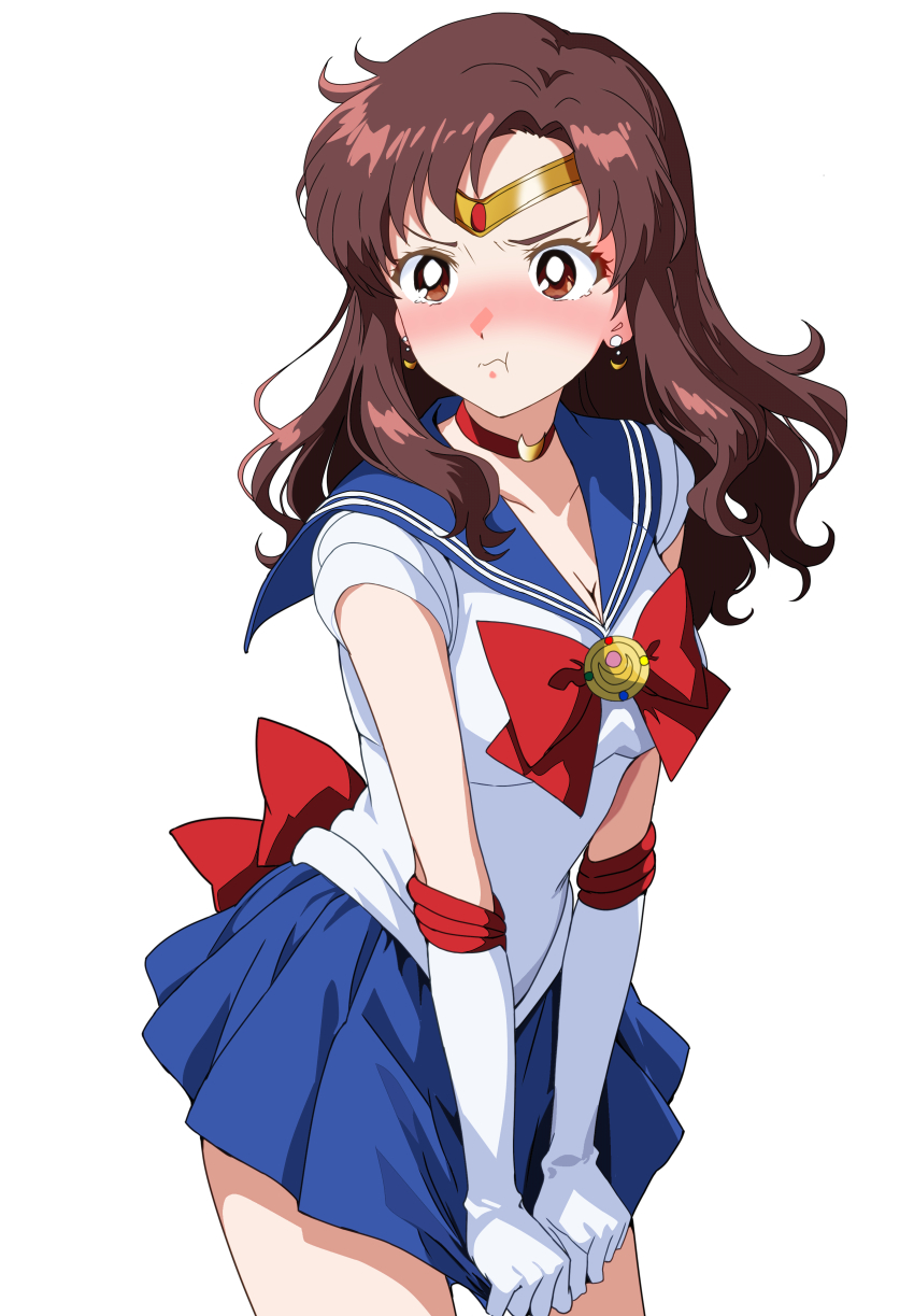 1girl :t absurdres back_bow bishoujo_senshi_sailor_moon blue_sailor_collar blue_skirt blush bow bowtie breasts brown_eyes brown_hair choker circle cleavage collarbone cosplay cowboy_shot crescent crescent_choker crescent_earrings earrings elbow_gloves embarrassed floating_hair gem gloves gundam gundam_seed highres jewelry long_hair medium_breasts miniskirt mitsuishi_kotono murrue_ramius pleated_skirt red_bow red_bowtie red_choker red_gemstone sailor_collar sailor_moon sailor_moon_(cosplay) sailor_senshi_uniform simple_background skirt skirt_tug solo standing straight_hair tetsuado white_background white_gloves