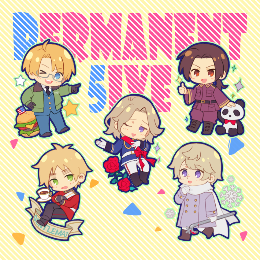5boys ahoge america_(hetalia) axis_powers_hetalia baggy_pants belt black_gloves black_necktie black_pants black_shoes blonde_hair blood blue_eyes blue_jacket blue_pants blush boots bow breast_pocket brown_boots brown_eyes brown_hair chibi chibi_only china_(hetalia) coat collared_jacket collared_shirt confetti crossed_arms crossed_legs cup english_text facial_hair flower formal_clothes france_(hetalia) full_body fur-trimmed_jacket fur_trim glasses gloves green_eyes green_jacket grey-framed_eyewear hand_on_own_chest hand_on_own_hip hand_up highres holding holding_lead_pipe huacai jacket lapels lead_pipe long_hair long_sleeves looking_at_viewer low_ponytail male_focus military_jacket military_uniform multiple_boys necktie one_eye_closed open_clothes open_jacket open_mouth pants plate pocket pointing pointing_at_another ponytail puffy_long_sleeves puffy_sleeves purple_coat purple_eyes purple_jacket purple_pants red_bow red_flower red_jacket red_rose red_sash rose russia_(hetalia) sash scarf semi-rimless_eyewear shirt shoes short_hair sidelocks sitting smile snowflakes sparkle standing star_(symbol) striped_background stuffed_animal stuffed_panda stuffed_toy suit suit_jacket tea teeth thumbs_up united_kingdom_(hetalia) white_belt white_gloves white_pants white_sash white_scarf white_shirt wide_sleeves yellow_background