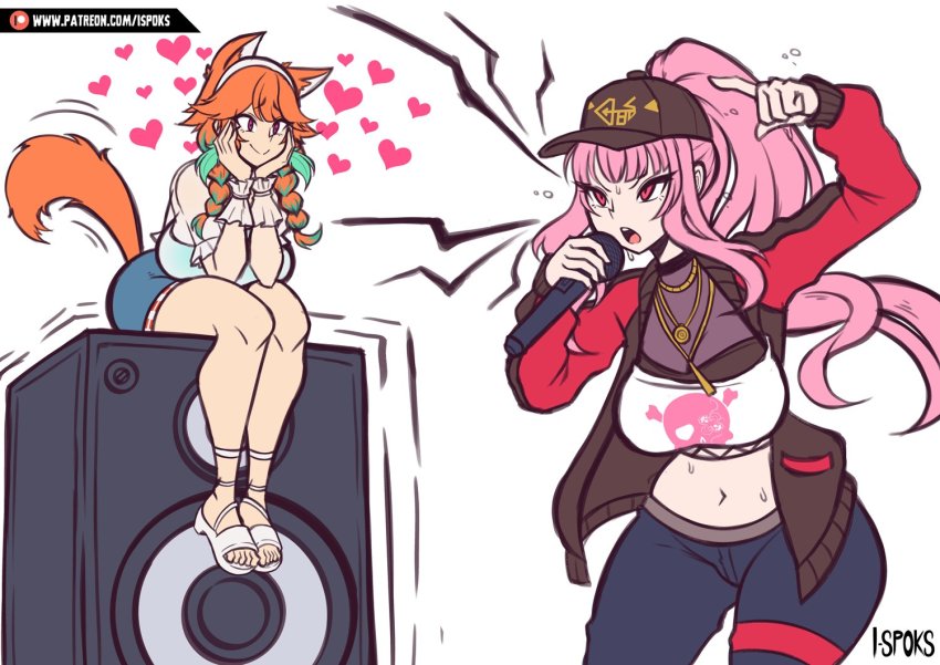 animal_ears baseball_cap blunt_bangs breasts cat_ears cat_girl cat_tail choker couple crop_top earrings feather_earrings feathers friday_night_funkin&#039; gradient_hair hat holding holding_microphone hololive hololive_english huge_breasts ilustretsspoks jewelry kemonomimi_mode microphone mori_calliope mori_calliope_(streetwear) multicolored_hair newgrounds rapping speaker tail takanashi_kiara takanashi_kiara_(casual) track_suit virtual_youtuber yuri