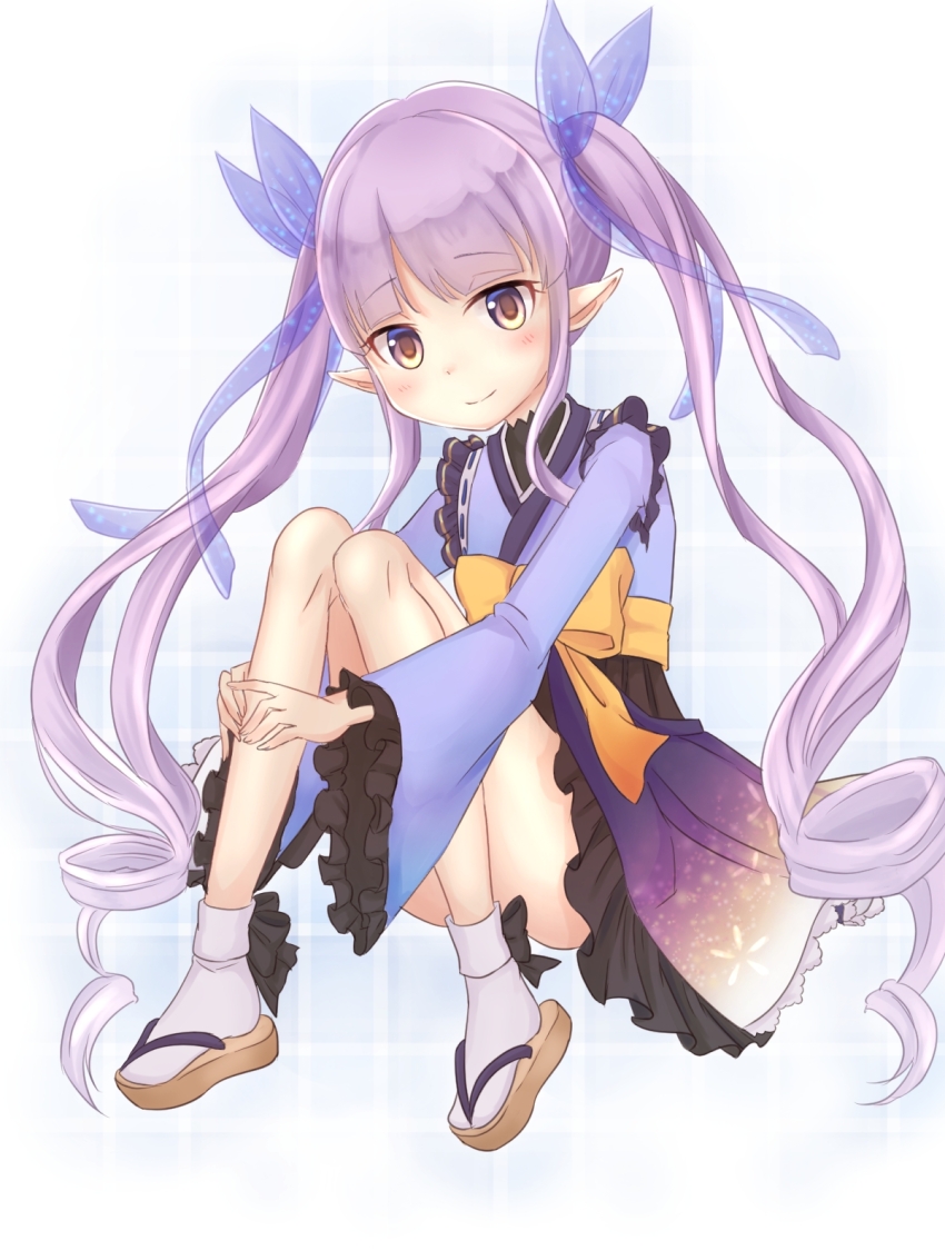 1girl bad_tag blue_kimono blue_ribbon blush bow brown_eyes closed_mouth hair_ribbon helmet highres japanese_clothes kimono kyoka_(princess_connect!) long_hair pointy_ears princess_connect! purple_hair purple_kimono ribbon ringlets rissaaaan sandals smile socks solo twintails very_long_hair yellow_bow zouri