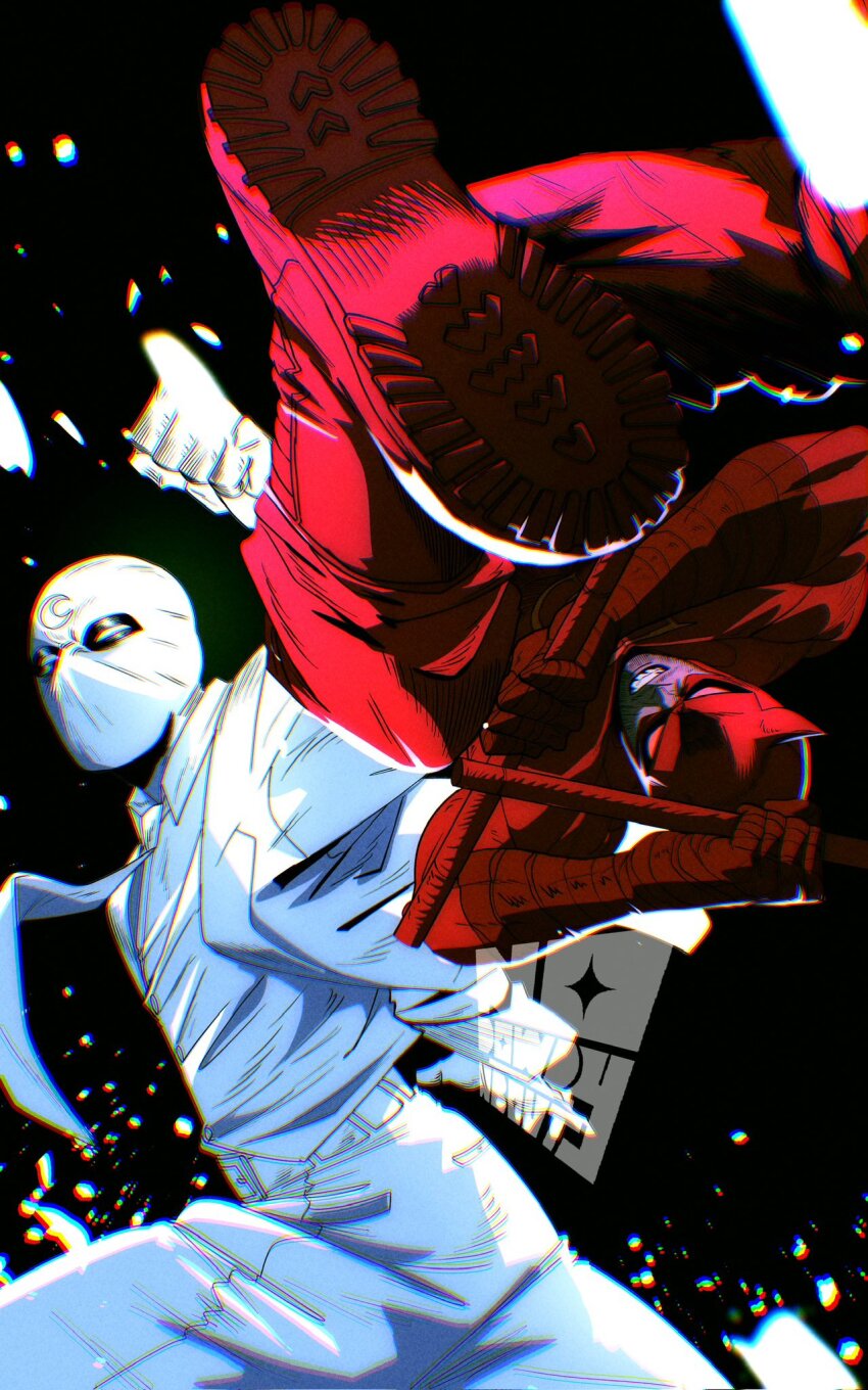 2boys angry bodysuit crossover daredevil daredevil_(netflix) formal_clothes gloves highres holding holding_weapon horns male_focus marvel marvel_cinematic_universe mask moon_knight mr._knight multiple_boys nodowdy red_bodysuit shirt suit superhero_costume weapon