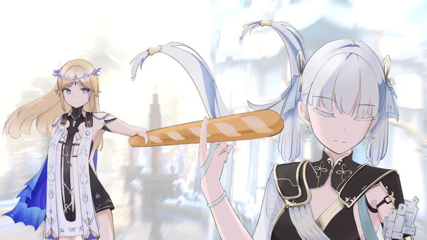 2girls absurdres baguette bare_shoulders black_collar black_dress blonde_hair blue_eyes bread breasts cartethyia_(wuthering_waves) chinese_commentary closed_eyes closed_mouth collar colored_eyelashes commentary_request crown_of_thorns dress earrings floating_hair food highres holding holding_food jewelry jinhsi_(wuthering_waves) long_hair medium_breasts multiple_girls necklace pointy_ears sidelocks tabard tang_.49 white_eyelashes white_hair white_tabard wuthering_waves