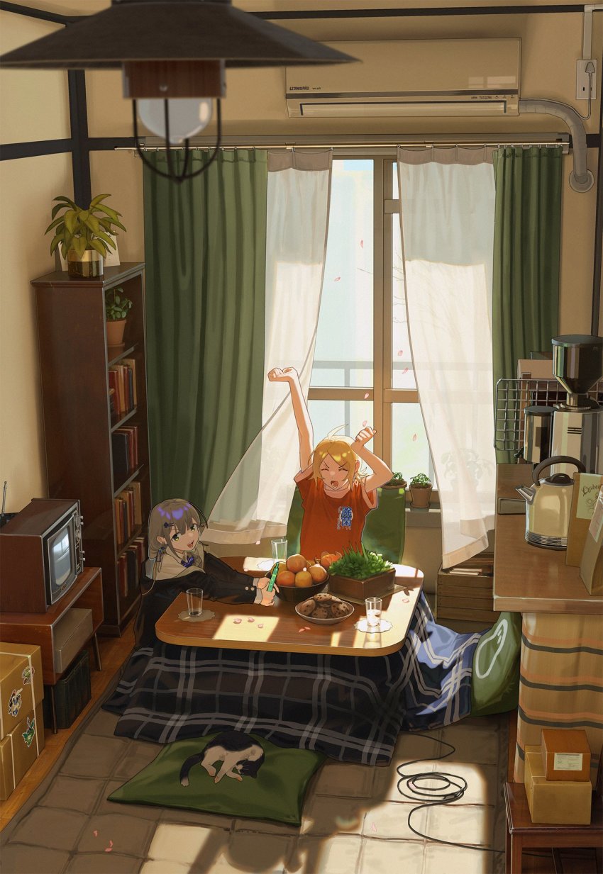 2girls ahoge air_conditioner blonde_hair book bookshelf bow bowtie box cat closed_eyes coffee_grinder cookie copyright_request crt cup curtains dolosse falling_petals food from_above fruit grey_hair hair_ornament highres holding holding_phone indoors jacket kettle kotatsu living_room long_sleeves low_twintails mandarin_orange multiple_girls open_mouth petals phone pillow plant potted_plant rabbit_ears_antenna shirt short_hair sitting slice_of_life spade_hair_ornament stretching t-shirt table television twintails v-shaped_eyebrows yawning yellow_eyes