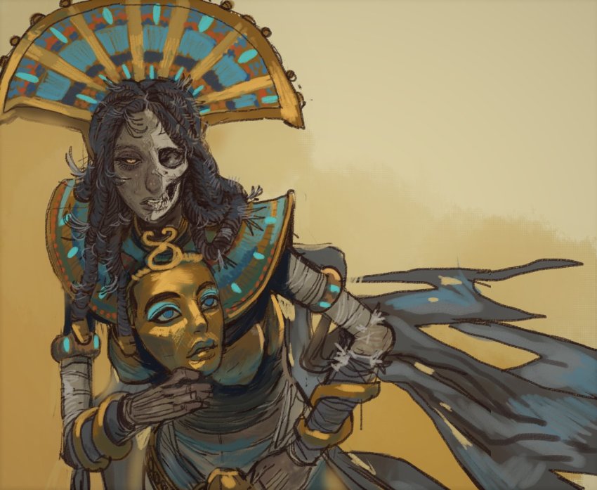 1girl ancient_egyptian_clothes black_hair black_sclera braid colored_sclera colored_skin eye_socket grey_skin khalida_neferher leaning_forward looking_at_viewer mask mossacannibalis nipples pharaoh robe skull solo tomb_kings total_war total_war:_warhammer unworn_mask warhammer_fantasy yellow_eyes zombie