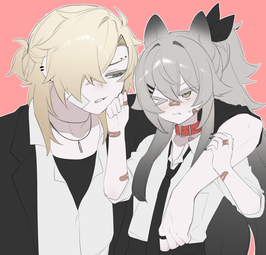 1boy 1girl animal_ears bandaid bandaid_on_arm bandaid_on_face bandaid_on_hand bandaid_on_nose black_jacket black_necktie blonde_hair blue_eyes blush brown_eyes collar collared_shirt degrees_of_lewdity earrings eyebrow_piercing grey_hair hair_over_one_eye highres jacket jewelry kai_(drakkai10) long_hair looking_at_another necktie nose_blush one_eye_closed open_clothes open_jacket original piercing red_collar shirt shoya_(kai_(drakkai10)) upper_body white_shirt whitney_(degrees_of_lewdity) whitney_(male)_(degrees_of_lewdity)