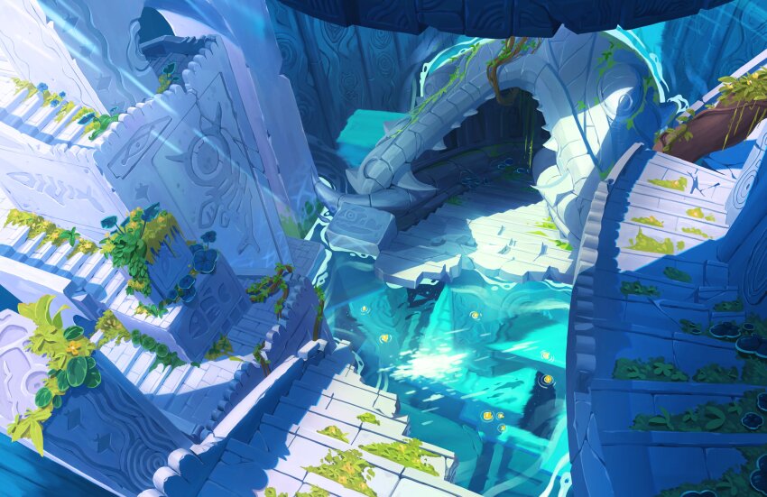 absurdres building day foliage from_above high_up highres jorissanchez light_rays moss no_humans original outdoors overgrown plant pottery ruins scenery stairs sunlight teeth water wide_shot