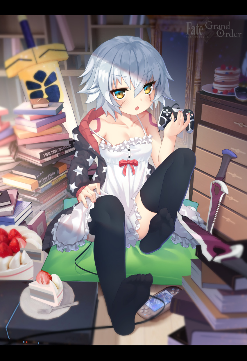 1girl absurdres apron black_thighhighs blush book bookshelf cable cake cake_slice collarbone console controller fate/apocrypha fate_(series) female_focus food frills hair_between_eyes heterochromia highres holding jack_the_ripper_(fate/apocrypha) knife looking_at_viewer mirror mirrorks open_mouth pancake scar short_hair silver_hair sitting solo sword thighhighs weapon white_apron