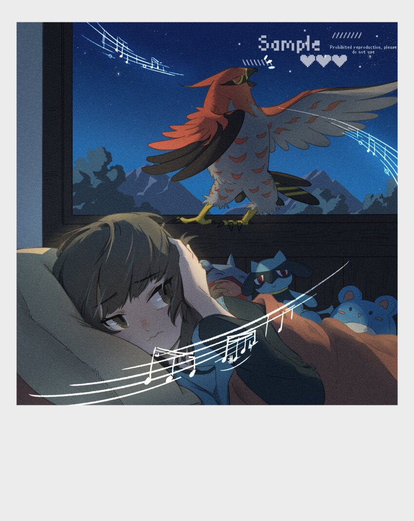 1girl bird black_feathers blue_shirt brown_eyes brown_hair character_doll colored_sclera covering_own_ears doll feathers gen_2_pokemon gen_4_pokemon gen_6_pokemon gible grey_feathers highres looking_at_another marill music night nintendo pokemon pokemon_(creature) red_eyes red_feathers riolu robinlovesop shirt simple_background singing talonflame under_covers upper_body white_background window yellow_sclera