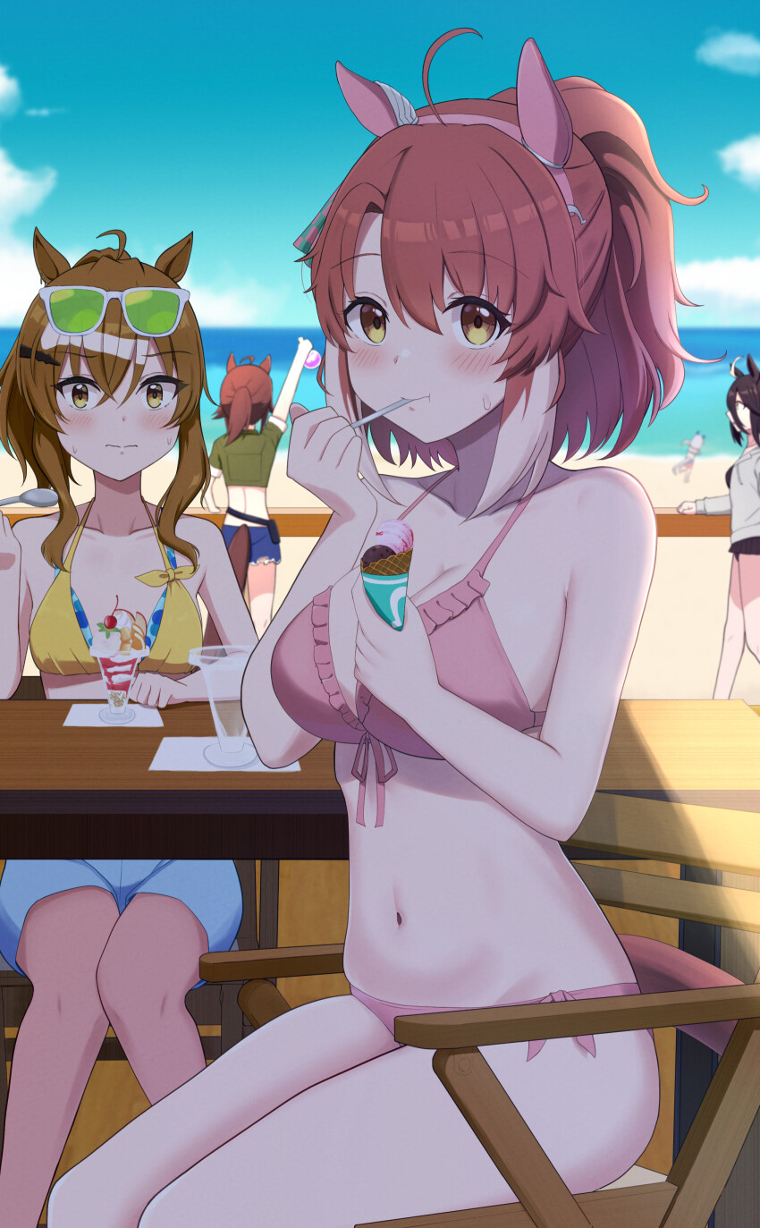 5girls absurdres agnes_tachyon_(lunatic_lab)_(umamusume) agnes_tachyon_(umamusume) ahoge alternate_costume animal_ears bikini bikini_shorts black_bikini black_hair blurry blush breasts brown_eyes brown_hair cleavage dantsu_flame_(umamusume) depth_of_field ear_covers eyewear_on_head flask food from_behind green-tinted_eyewear green_jacket grey_hair hair_between_eyes hairband highres hishi_miracle_(umamusume) holding holding_flask holding_spoon horse_ears horse_girl ice_cream jacket jam_(umamusume) jungle_pocket_(tobasuze_hot_summer!)_(umamusume) jungle_pocket_(umamusume) large_breasts layered_bikini long_hair looking_at_viewer manhattan_cafe_(the_bubbles_that_i_see_with_you)_(umamusume) manhattan_cafe_(umamusume) midriff multicolored_hair multiple_girls navel notched_ear official_alternate_costume official_alternate_hairstyle parfait pink_bikini pink_hairband ponytail round-bottom_flask shorts sitting small_breasts split_mouth spoon swimsuit tinted_eyewear two-tone_hair umamusume utensil_in_mouth wakame_miso white-framed_eyewear white_hair yellow_eyes