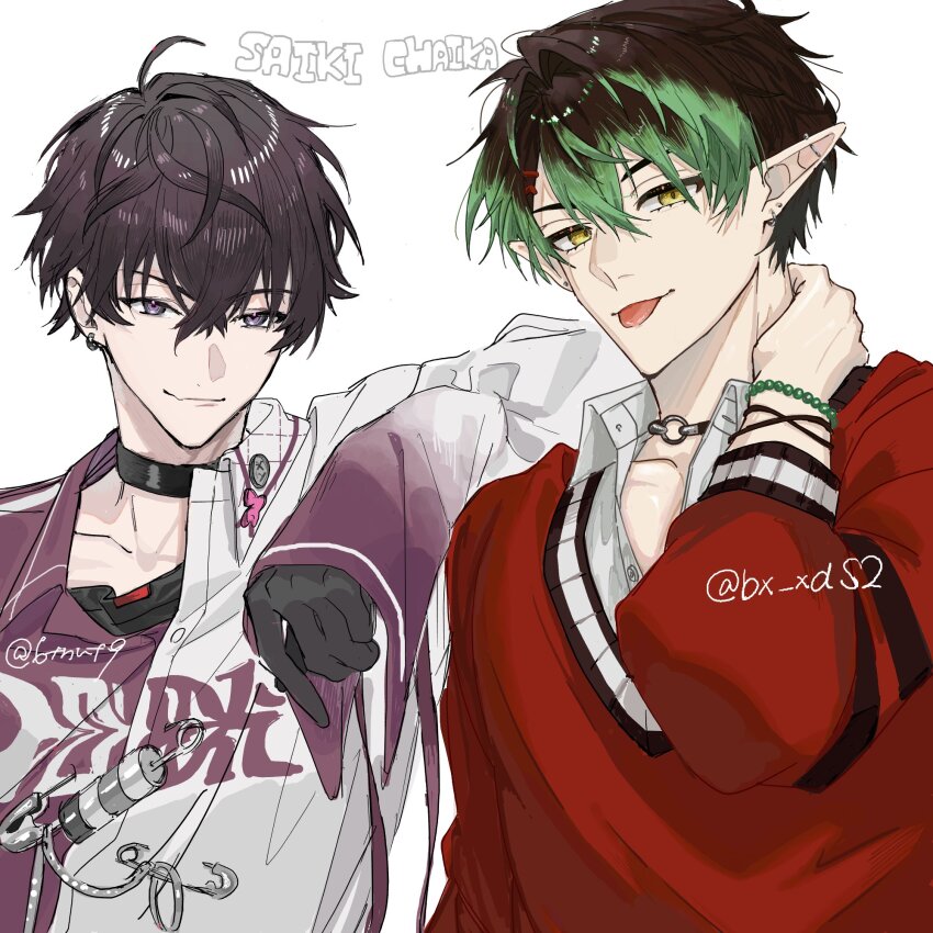 2boys 6tnut9 :p ahoge arm_on_another&#039;s_shoulder artist_name barbell_piercing black_choker black_gloves black_hair black_shirt character_name choker closed_mouth collarbone collared_shirt commentary_request crossed_bangs ear_piercing earrings fang fang_out gloves gradient_hair green_hair hair_between_eyes hair_intakes hair_ornament hairclip hanabatake_chaika hanabatake_chaika_(8th_costume) highres industrial_piercing jewelry long_sleeves male_focus multicolored_hair multiple_boys nijisanji o-ring o-ring_choker official_alternate_costume piercing pointy_ears purple_eyes purple_shirt red_sweater safety_pin saiki_ittetsu saiki_ittetsu_(1st_costume) school_uniform shirt short_hair signature simple_background skin_fang sleeves_past_wrists smile sweater tongue tongue_out twitter_username two-tone_shirt undershirt upper_body virtual_youtuber white_background white_shirt yellow_eyes