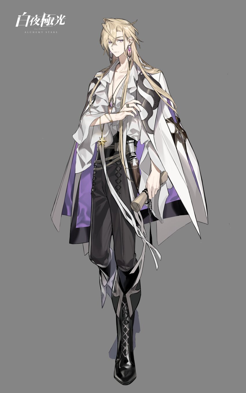 1boy :| absurdres alchemy_stars ameinu black_boots black_pants blonde_hair boots caleb_(alchemy_stars) cape center_frills closed_mouth collarbone copyright_name crossed_bangs dagger earrings expressionless frills full_body gem grey_background hair_behind_ear hair_between_eyes high-waist_pants highres holding holding_jewelry holding_necklace holding_scroll hoop_earrings jewelry knife knife_sheath lace-up_boots long_hair looking_at_viewer male_focus necklace official_art pants pendant pendant_removed plunging_neckline purple_eyes purple_gemstone purple_nails ring scroll sheath shirt simple_background solo standing two-sided_cape two-sided_fabric weapon white_cape white_shirt wide_sleeves