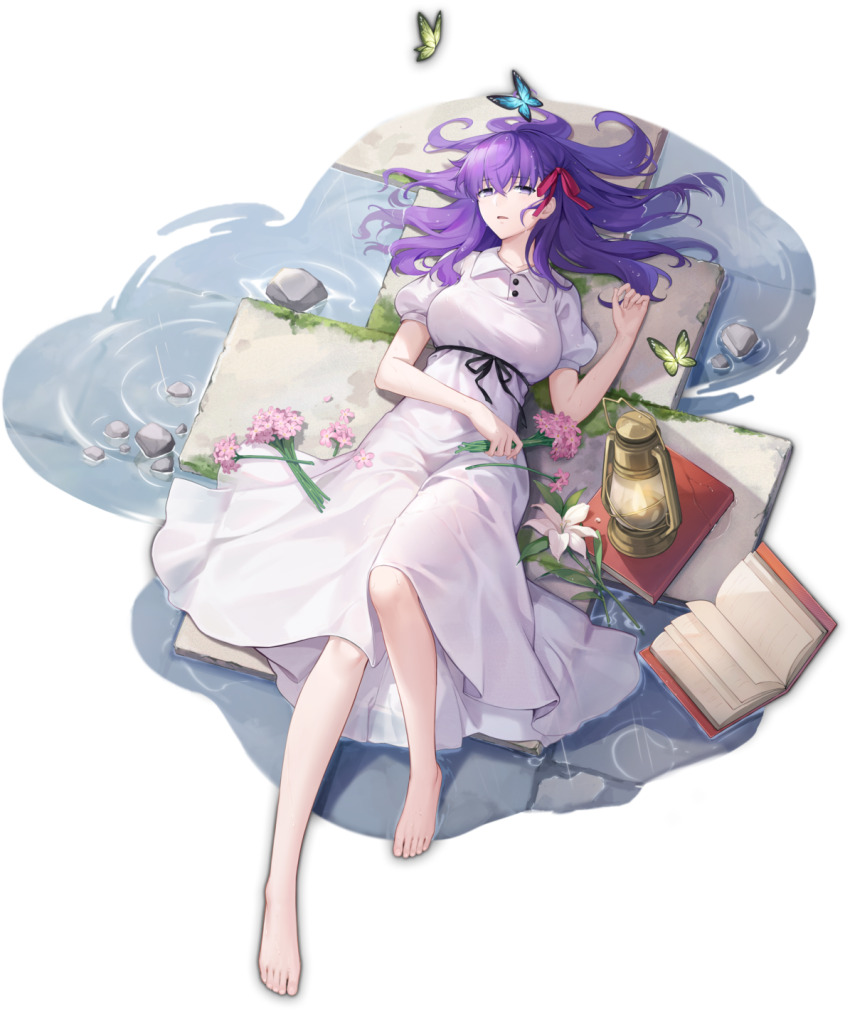 1girl barefoot blue_butterfly book bug butterfly collared_dress dress fate/stay_night fate_(series) flower full_body green_butterfly hair_between_eyes hair_ribbon heaven&#039;s_feel highres holding holding_flower insect long_hair looking_at_viewer lying mahjong_soul matou_sakura official_art on_back open_book parted_lips poodle purple_eyes purple_hair red_ribbon ribbon short_sleeves solo transparent_background white_dress