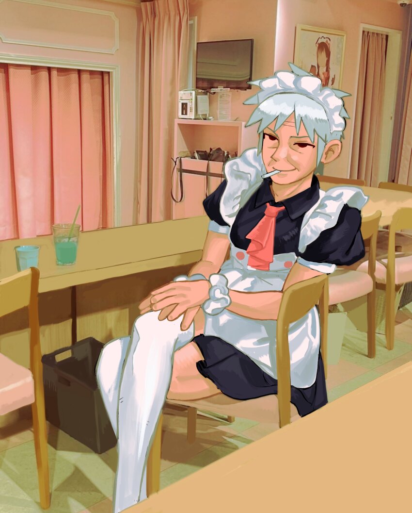 1boy absurdres akagi_shigeru alternate_costume apron ascot black_dress blue_hawaii box cigarette closed_mouth commentary crossdressing crossdressing_(mtf) crossed_legs cup curtains dress english_commentary enmaided feet_out_of_frame fukumoto_mahjong grey_hair highres indoors looking_at_viewer maid male_focus no_sclera old old_man photo-referenced puffy_short_sleeves puffy_sleeves red_ascot red_eyes short_hair short_sleeves sitting smile smoking solo table television ten_(manga) thighhighs tzk6996 white_apron white_thighhighs wrinkled_skin
