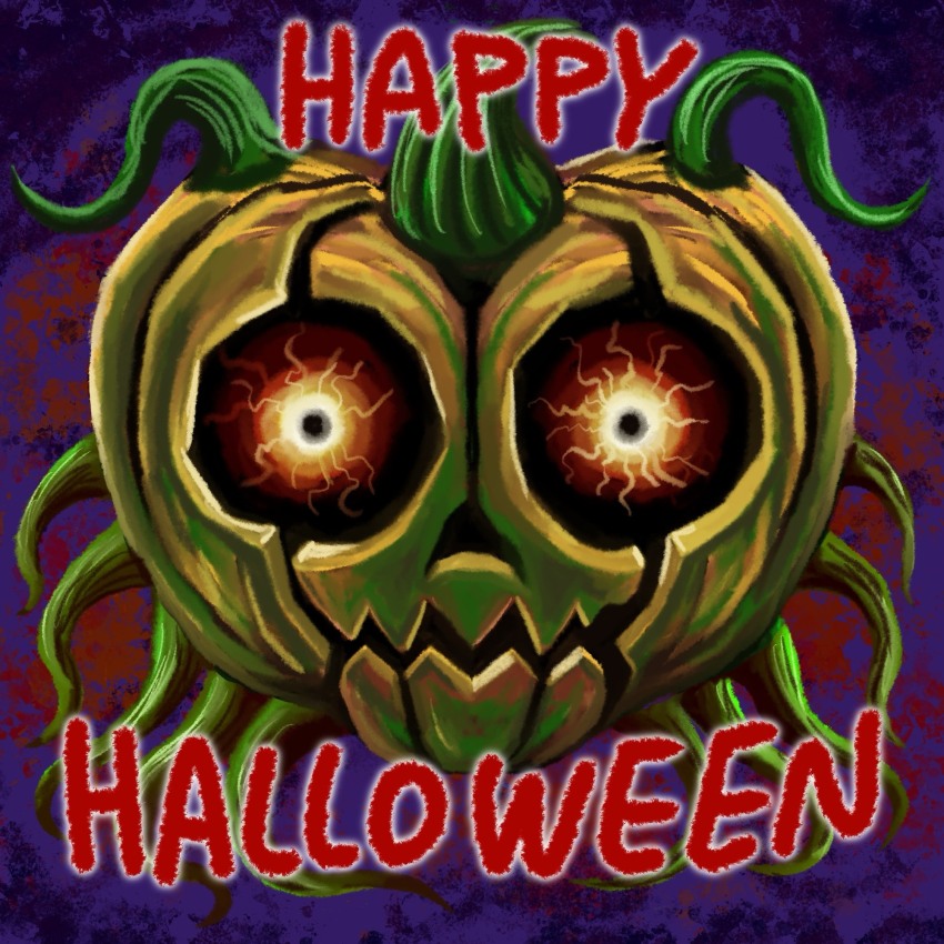 commentary glowing glowing_eyes happy_halloween highres imamura_takaya jack-o&#039;-lantern majora_(entity) nintendo plant purple_background solo the_legend_of_zelda the_legend_of_zelda:_majora&#039;s_mask vines