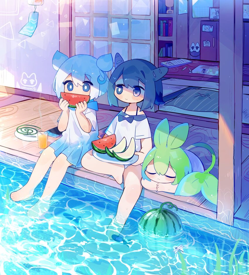 3girls artist_name barefoot blue_bow blue_bowtie blue_dress blue_eyes blue_hair bow bowtie bright_pupils closed_eyes closed_mouth commentary cup curled_up day double_bun dress drinking_glass eating ekami_gumi_(uenomigi) food fruit gradient_clothes gradient_dress green_hair hair_bun highres holding holding_food holding_fruit holding_plate holding_watermelon incense leaf mosquito_coil multiple_girls off-shoulder_dress off_shoulder original outdoors plant_hair plate porch short_hair short_sleeves sitting sleeping sliding_doors soaking_feet summer symbol-only_commentary tail uenomigi water watermelon watermelon_slice white_dress white_hair white_pupils wind_chime