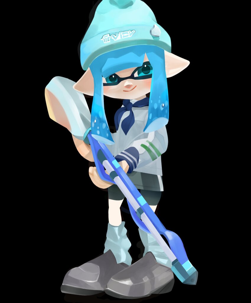 1girl absurdres beanie bike_shorts black_background black_shorts blue_hair blue_hat closed_mouth commentary_request full_body gen_cheishi hat highres inkling inkling_girl inkling_player_character leg_warmers long_hair nintendo pointy_ears sailor_collar sailor_shirt shirt shoes shorts simple_background smile solo splatoon_(series) splatoon_3 squiffer_(splatoon) tentacle_hair