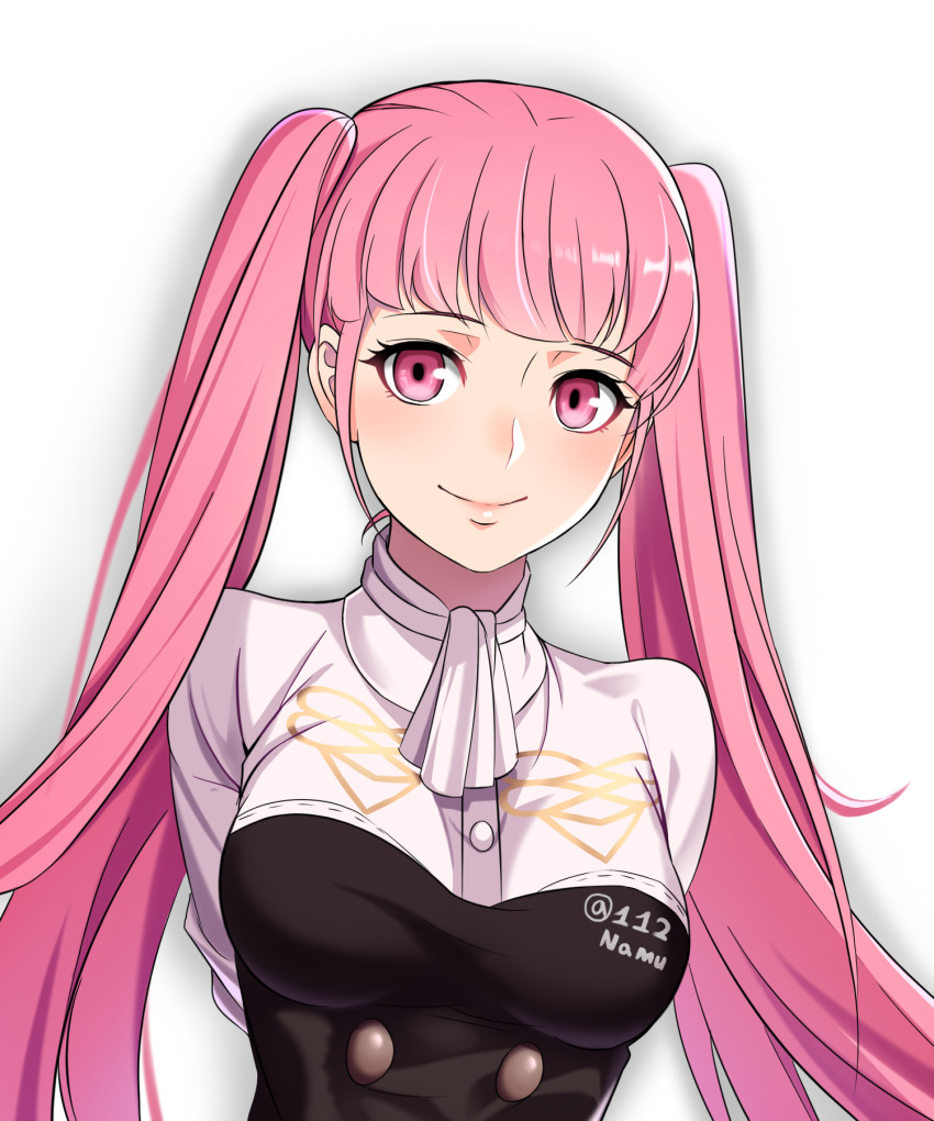 1girl arms_behind_back blush breasts closed_mouth commentary_request eyelashes fire_emblem fire_emblem:_three_houses garreg_mach_monastery_uniform highres hilda_valentine_goneril large_breasts long_hair namu_(112namu) nintendo pink_eyes pink_hair simple_background smile solo twintails upper_body white_background