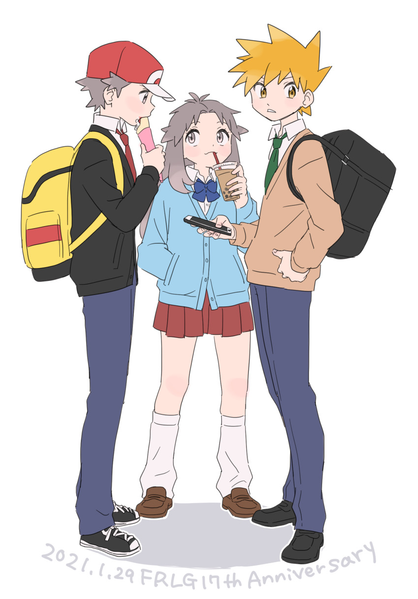 1girl 2boys blue_oak highres leaf_(pokemon) multiple_boys nintendo pokemon pokemon_frlg pumpkinpan red_(pokemon) red_(pokemon_frlg) school_uniform
