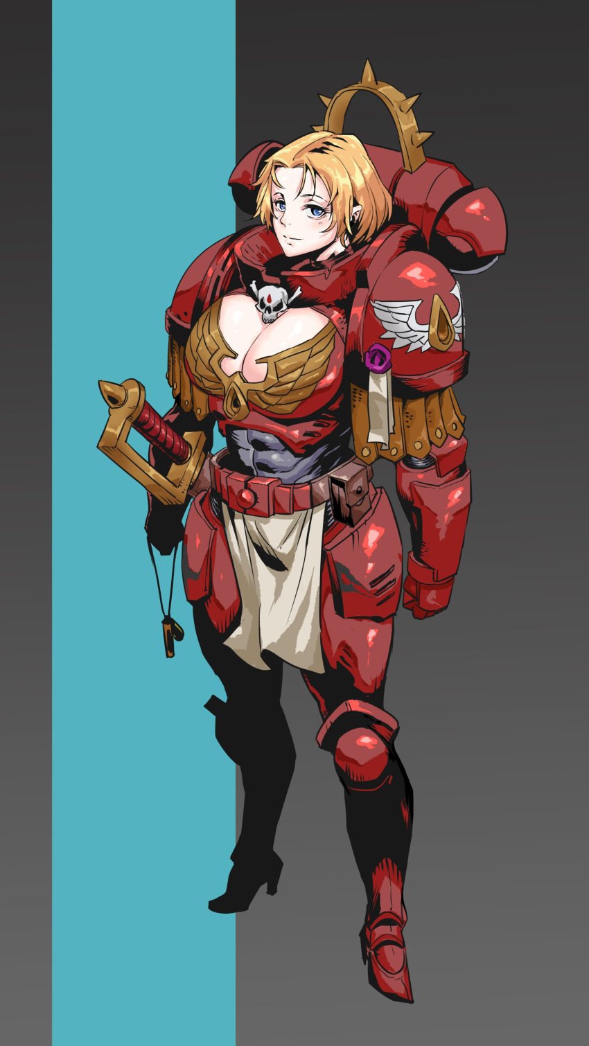 1girl abs absurdres adeptus_astartes aquila_(symbol) armor blonde_hair blood_angels blue_eyes breasts cleavage cleavage_cutout clothing_cutout full_body genderswap genderswap_(mtf) gradient_background high_heels highres large_breasts looking_at_viewer muscular muscular_female pointy_ears power_armor primaris_space_marine red_armor rmulderz sheath sheathed short_hair simple_background skull skull_ornament solo sword tabard warhammer_40k wax_seal weapon