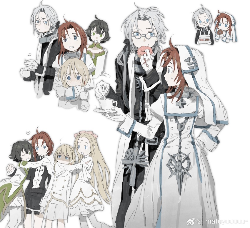 2boys 3girls abel_nightroad absurdres ahoge arms_around_neck belt belt_buckle black_belt black_bow black_hair black_robe blonde_hair bloomers blue_eyes blush bow box buckle buttons chinese_commentary closed_mouth coif commentary_request cross cross_necklace cross_print crumbs cup donut dress eating esther_blanchett eyelashes food glasses gloves green_eyes green_trim grey-framed_eyewear grey_hair hair_bow hair_over_shoulder heart height_difference highres holding holding_box holding_food holding_saucer holding_spoon hug hug_from_behind ion_fortuna jacket jewelry long_dress long_hair long_sleeves low_ponytail ma_fu miniskirt mirka_fortuna motion_lines multiple_boys multiple_girls multiple_views necklace nervous_sweating nun one_eye_closed open_mouth parted_bangs pink_bow pleated_skirt ponytail priest red_hair robe round_eyewear saucer seth_nightroad shaded_face short_hair_with_long_locks simple_background skirt sleeves_past_wrists smile spoon stirring sweat sweatdrop teacup teaspoon trinity_blood underwear very_long_hair vest white_background white_bloomers white_dress white_gloves white_jacket white_skirt white_vest wide-eyed