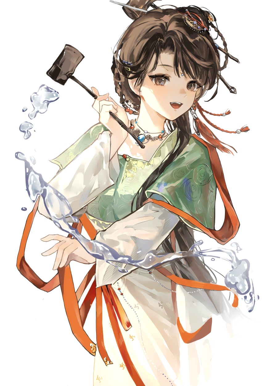 1girl :d absurdres black_eyes black_hair chinese_clothes chinese_hairpin dipper facial_mark forehead_mark green_shirt hair_ornament hand_up hanfu highres holding holding_spoon huadian jewelry jiu_niangzi layered_sleeves liquid long_hair long_skirt long_sleeves looking_at_viewer necklace open_mouth red_shawl reverse:1999 shawl shirt short_over_long_sleeves short_sleeves skirt smile solo spill spoon tassel tassel_hair_ornament turning_head upper_body white_background white_sleeves yellow_skirt yeshu_bu_shi_yes