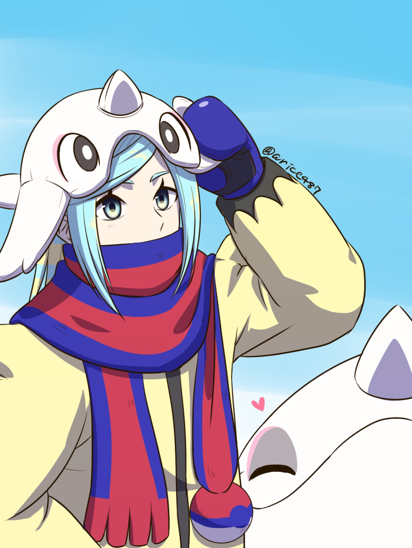 1boy aqua_hair arice487 arm_up blue_background blue_mittens blue_scarf cetoddle commentary_request eyelashes grusha_(pokemon) hand_on_headwear heart highres holding jacket long_sleeves male_focus mittens nintendo poke_ball_print pokemon pokemon_(creature) pokemon_sv scarf scarf_over_mouth striped_clothes striped_scarf themed_object twitter_username upper_body yellow_jacket