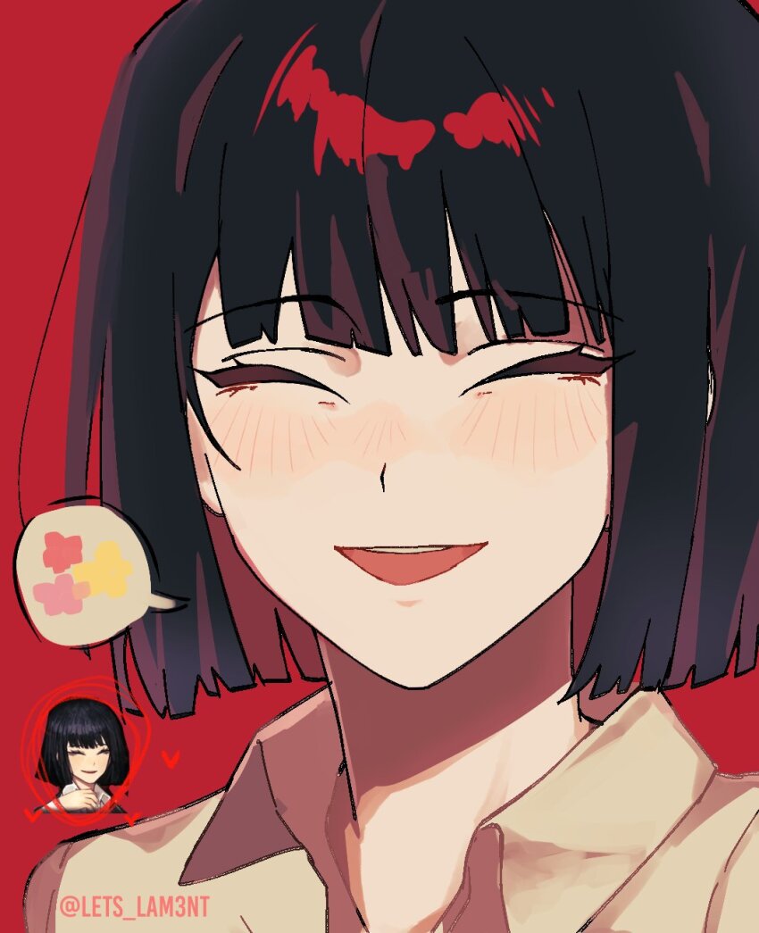1girl :d ^_^ black_hair blunt_ends blush closed_eyes collared_shirt highres lets_lam3nt limbus_company open_mouth out_of_character portrait project_moon red_background reference_inset ryoshu_(project_moon) shirt short_hair simple_background smile solo spoken_flower teeth twitter_username upper_teeth_only white_shirt