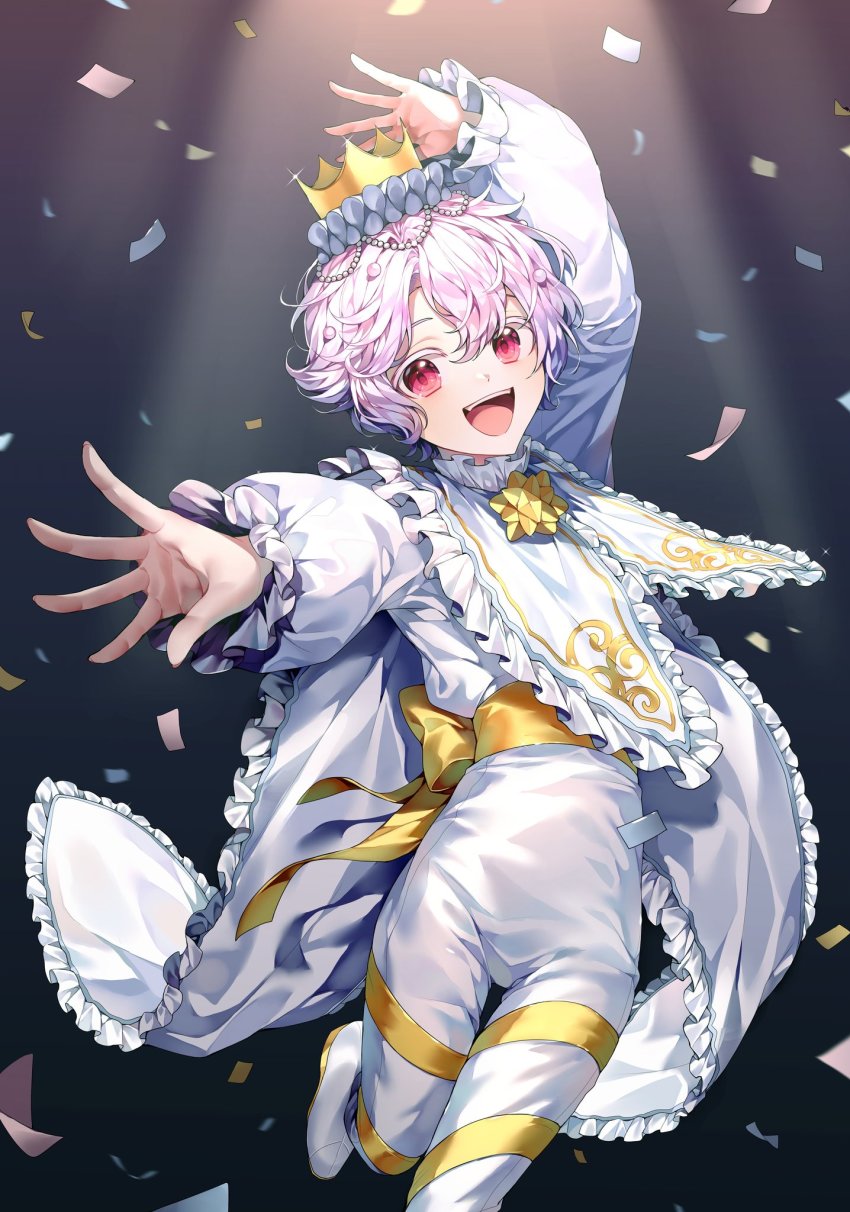 1boy arm_up blush bow collar confetti cookie_run cookie_run:_ovenbreak crown dancing ha_youn highres long_sleeves looking_at_viewer male_focus open_mouth pants pink_hair puffy_long_sleeves puffy_sleeves red_eyes short_hair solo standing standing_on_one_leg whipped_cream_cookie whipped_cream_cookie_(night_of_reverie) white_pants yellow_bow