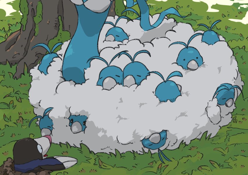 altaria animal_focus aomon_(yuuji7604) bird claws closed_eyes commentary drilbur fluffy gen_3_pokemon gen_5_pokemon highres mole nintendo no_humans on_grass open_mouth outdoors pokemon pokemon_(creature) sleeping smile snout solid_circle_eyes swablu tree