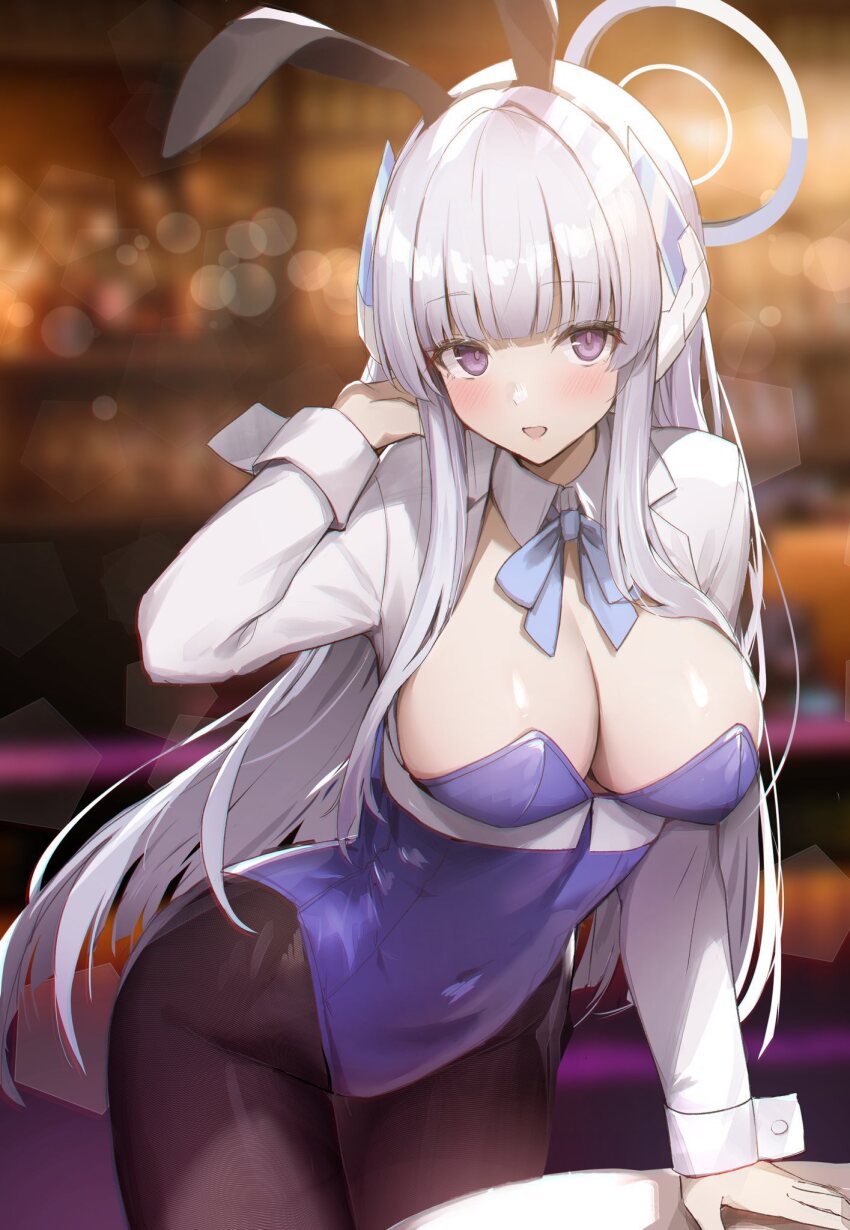 1girl alternate_costume animal_ears arm_support black_pantyhose blue_archive blue_bow blue_bowtie blue_leotard blurry blurry_background blush bokeh bow bowtie breasts commentary covered_navel cropped_jacket depth_of_field detached_collar duplicate fake_animal_ears grey_hair halo hand_in_own_hair headphones highleg highleg_leotard highres indoors jacket kagerou_(gigayasoma) large_breasts leaning_forward leotard long_hair long_sleeves looking_at_viewer noa_(blue_archive) open_mouth pantyhose playboy_bunny purple_eyes rabbit_ears smile solo very_long_hair white_jacket