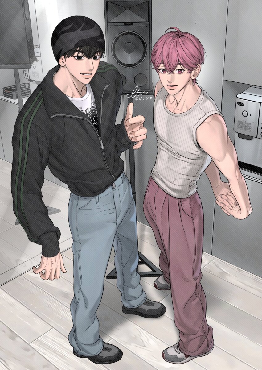 2boys ahoge an_sso_o arms_behind_back bamby_(plave) beanie black_eyes black_hair black_hat black_jacket hair_between_eyes hamin_(plave) hat highres indoors jacket k-pop long_sleeves looking_at_viewer multiple_boys own_hands_together pants parted_lips pink_eyes pink_hair pink_pants plave shirt short_hair sleeveless sleeveless_shirt smile speaker tank_top white_tank_top