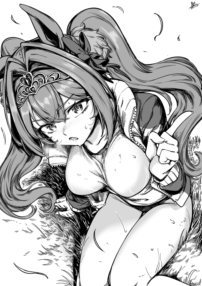1girl animal_ears breasts daiwa_scarlet_(umamusume) greyscale highres horse_ears horse_girl large_breasts looking_at_viewer monochrome qingwa_chi_she solo sweat thighs tiara umamusume
