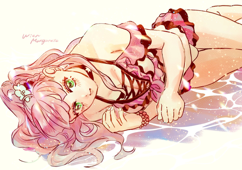 bikini blush bow bracelet braid breasts character_name cleavage flower frilled_skirt frills green_eyes hair_flower hair_ornament highres jewelry large_breasts light_particles long_hair looking_at_viewer love_live! love_live!_superstar!! lying off_shoulder on_side purple_hair simple_background skirt swimsuit thighs tsubaki_no_shioyaki water white_background wien_margarete