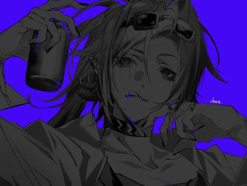 1boy can choker ear_piercing eyewear_on_head fang greyscale_with_colored_background highres holding holding_can hugo_vlad licking_lips long_hair male_focus mole mole_under_eye monochrome nail_polish official_alternate_costume piercing pointy_ears purple_background shirt simple_background solo sunglasses tongue tongue_out upper_body w_drdr zenless_zone_zero