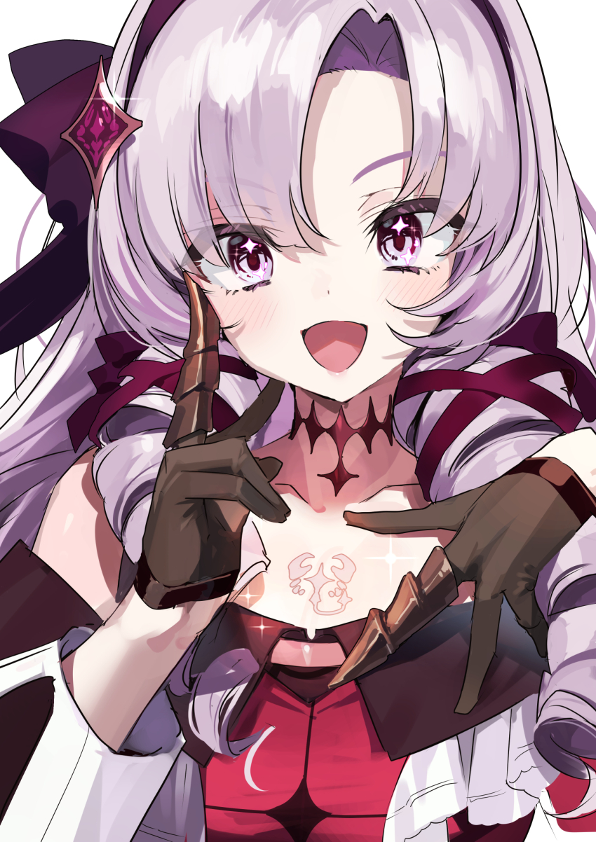 1girl black_gloves black_hairband bow claw_ring collarbone diamond_choker dress drill_hair fuubuu gloves hair_bow hair_ribbon hairband half_gloves highres hyakumantenbara_salome hyakumantenbara_salome_(1st_costume) index_finger_raised long_hair nijisanji off-shoulder_dress off_shoulder open_mouth parted_bangs purple_eyes purple_hair red_dress ribbon simple_background smile solo star_(symbol) star_in_eye symbol_in_eye upper_body very_long_hair virtual_youtuber white_background