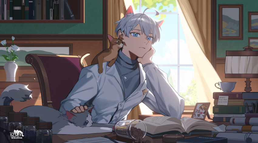 1boy absurdres ahoge animal animal_ears blue_eyes blue_sky book book_stack cat cat_boy cat_ears chair closed_mouth coffee_beans cup curtains day fingernails flower grey_shirt head_rest highres indoors izsly jacket lamp lid long_sleeves looking_at_viewer male_focus open_book original paper pen picture_frame shirt short_hair sitting sky solo sunlight teacup upper_body vase white_flower white_hair white_jacket window
