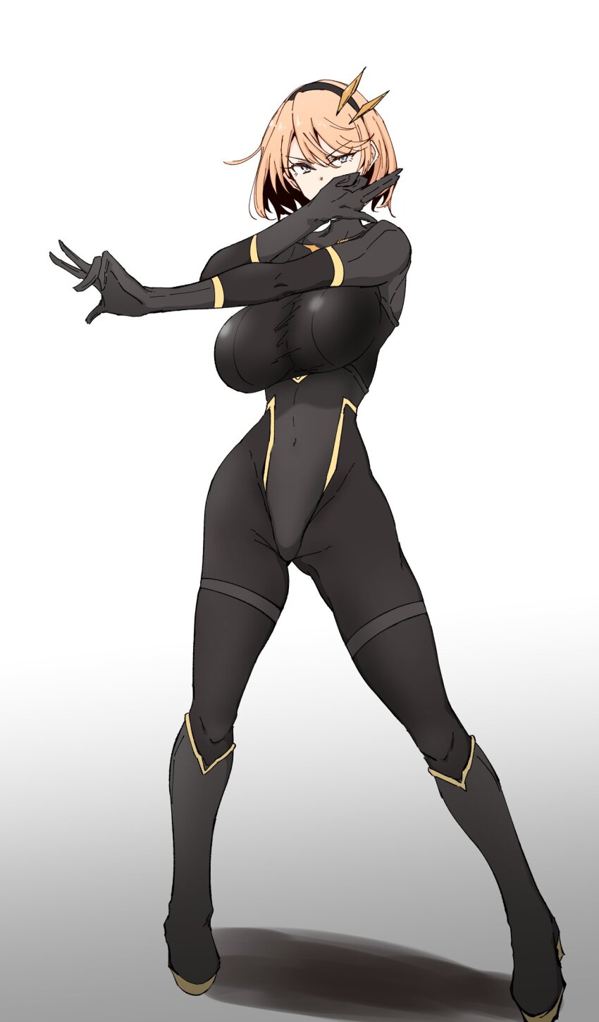 bodystocking bodysuit breasts brown_hair godou_kazusa hair_ornament highres kajiou_(kaishin&#039;ya) large_breasts non-web_source original wolf_cut