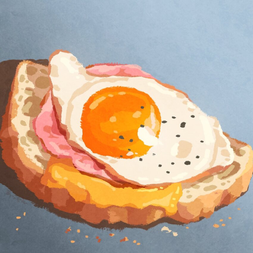 blue_background bread bread_slice cheese commentary crumbs egg_(food) food food_focus fried_egg ham highres miclot no_humans original still_life toast