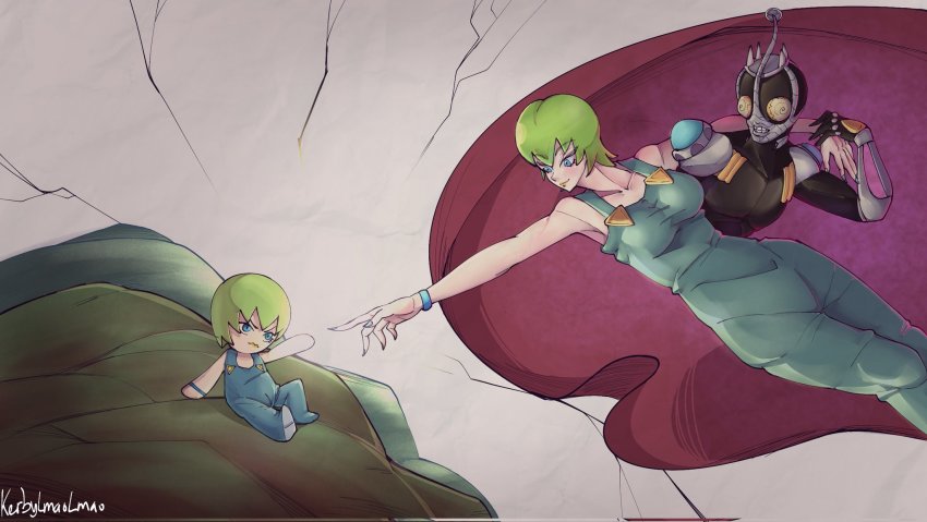 fine_art_parody foo_fighters_(jojo) foo_fighters_(stand) green_hair highres jojo_no_kimyou_na_bouken kerbylmaolmao parody reaching signature stone_ocean stuffed_toy the_creation_of_adam