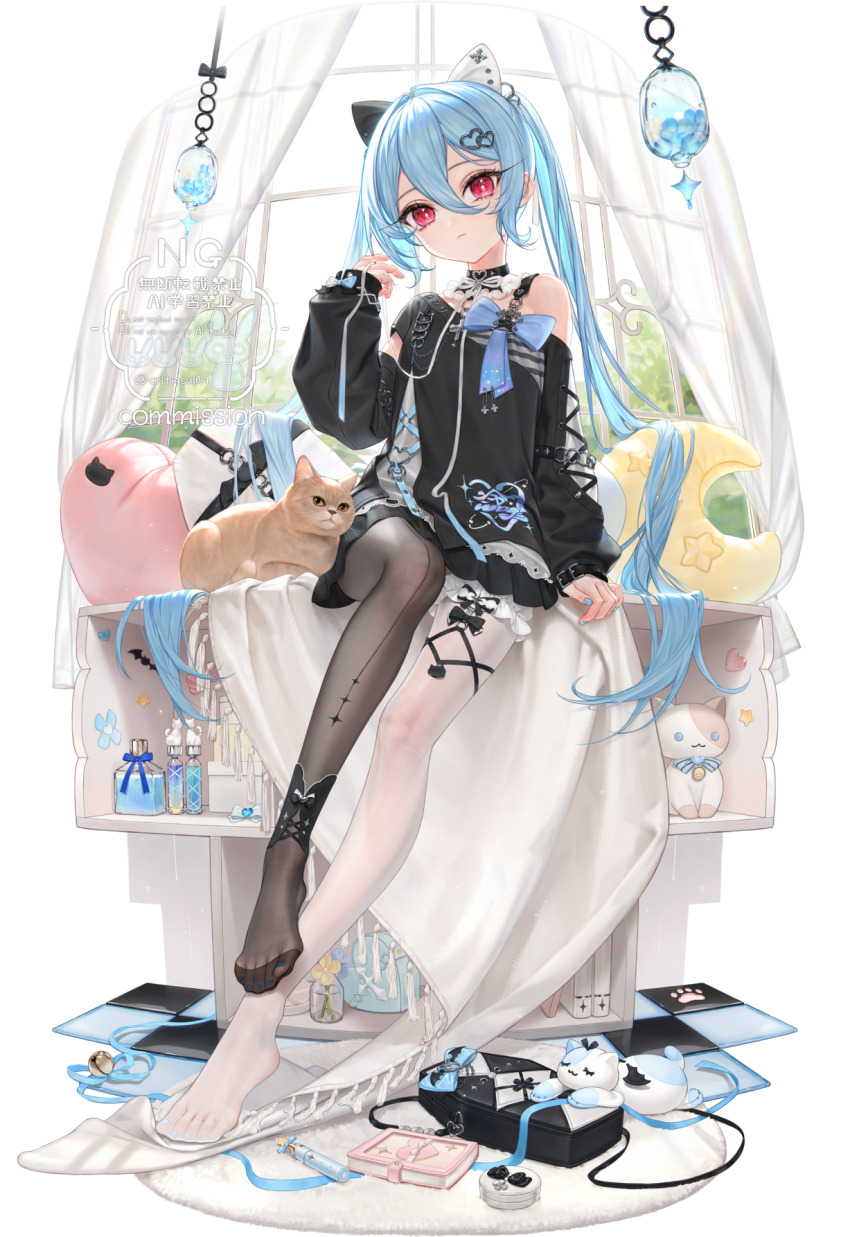 1girl animal arm_support asymmetrical_legwear bag bell black_dress black_pantyhose blue_bow blue_hair blue_nails bottle bow bright_pupils cat closed_mouth commentary commentary_request commission compact_(cosmetics) cosmetics crescent curtains detached_collar double-parted_bangs dress english_commentary expressionless feet fingernails flower frilled_thigh_strap hair_intakes hair_ornament hand_up heart heart-shaped_pillow heart_hair_ornament highres jingle_bell kia legs long_fingernails long_hair long_sleeves looking_at_viewer mismatched_legwear mixed-language_commentary nail_polish no_shoes notebook off_shoulder original oriti4 pantyhose perfume_bottle pillow pixiv_commission puffy_long_sleeves puffy_sleeves red_eyes rug shoulder_bag single_leg_pantyhose sitting sleeves_past_wrists solo stuffed_animal stuffed_cat stuffed_toy thigh_strap toenail_polish toenails toes twintails very_long_hair white_pantyhose white_pupils window yellow_flower