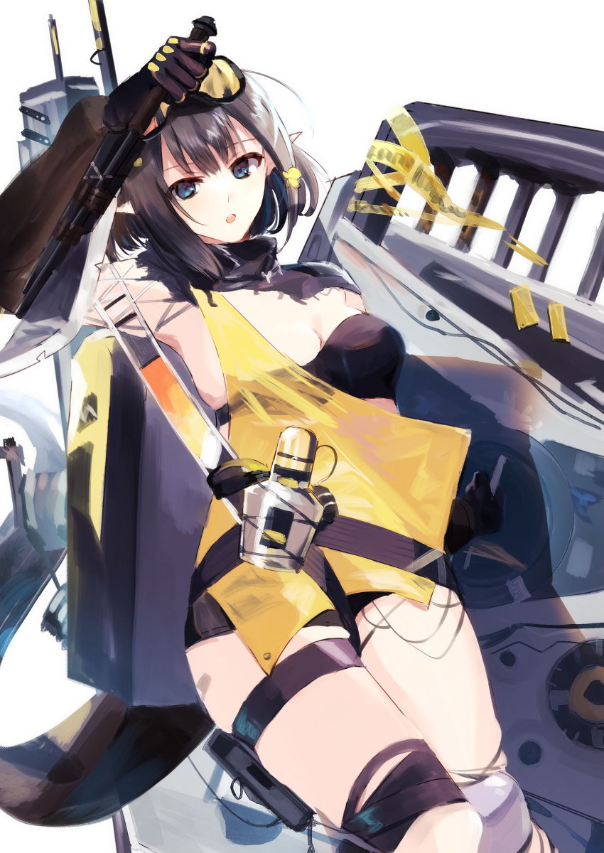 1girl absurdres arknights bad_id bad_pixiv_id belt black_bra black_gloves black_hair black_scarf black_shorts blue_eyes bra breasts cleavage commentary dutch_angle eunectes_(arknights) feet_out_of_frame flower gloves hair_flower hair_ornament hand_up highres holding holding_shield large_breasts looking_at_viewer matsuzaka_(matsuzakagyu_29) parted_lips pointy_ears scarf shield shirt short_hair shorts simple_background snake_tail solo tail thigh_strap underwear white_background yellow_flower yellow_shirt