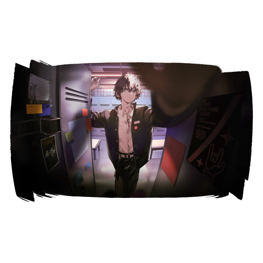 1boy artist_request belt bench black_hair black_jacket black_pants blurry blurry_foreground check_artist cowboy_shot game_cg girls&#039;_frontline girls&#039;_frontline_neural_cloud highres indoors jacket lin+ locker locker_room looking_at_viewer official_art open_clothes open_jacket pants partially_unbuttoned shirt solo sticky_note sueyoi_(neural_cloud) third-party_source white_belt white_shirt