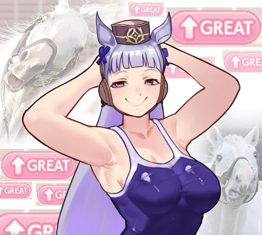 1girl absurdres animal_ears armpits arms_behind_head bare_arms blunt_bangs breasts brown_hat closed_mouth collarbone commentary english_commentary gold_ship_(umamusume) hat highres horse_ears horse_girl long_hair looking_at_viewer medium_breasts nusekiiii one-piece_swimsuit pink_eyes purple_hair purple_one-piece_swimsuit smile solo swimsuit umamusume upper_body