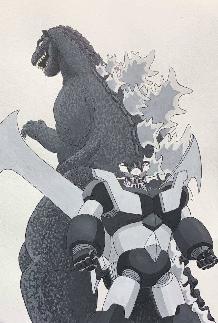 absurdres claws crossover dinosaur emperor_majin_z giant giant_monster godzilla godzilla_(1954_movie) godzilla_(series) highres jaw kaiju long_tail mazinger_(series) mazinger_z mazinger_z_(mecha) mecha monster no_humans open_mouth pilder robot science_fiction sharp_teeth spikes spines standing super_robot tail teeth toho