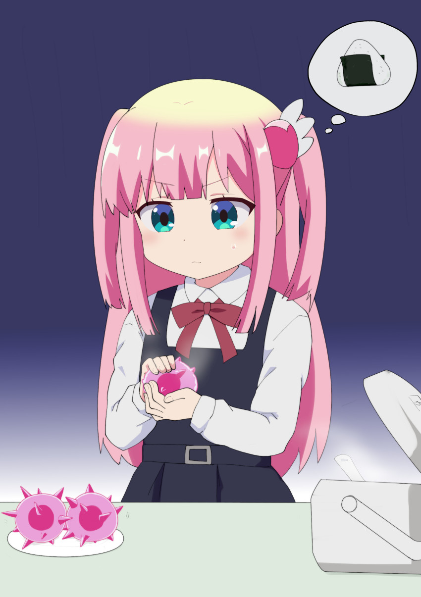 1girl absurdres aged_down aqua_eyes bad_food chiyoda_momo food gobanme_no_mayoi_neko gradient_background hair_ornament highres long_hair machikado_mazoku onigiri pink_hair rice_cooker school_uniform solo speech_bubble sweatdrop thought_bubble two_side_up