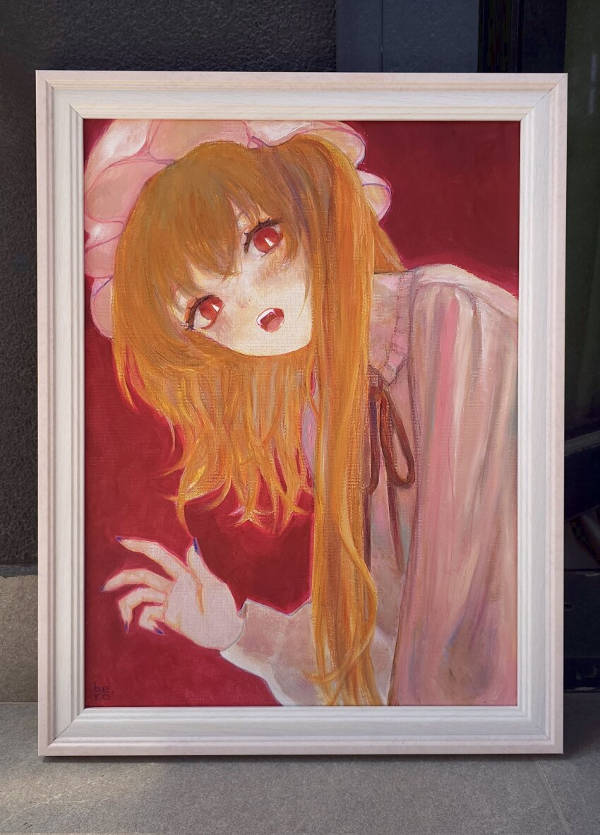 1girl blonde_hair blue_nails bright_pupils fang fingernails flandre_scarlet hat highres long_fingernails long_hair looking_at_viewer mob_cap nail_polish oil_painting_(medium) open_mouth painting_(medium) portrait_(object) red_eyes slit_pupils solo svveetberry touhou traditional_media white_pupils