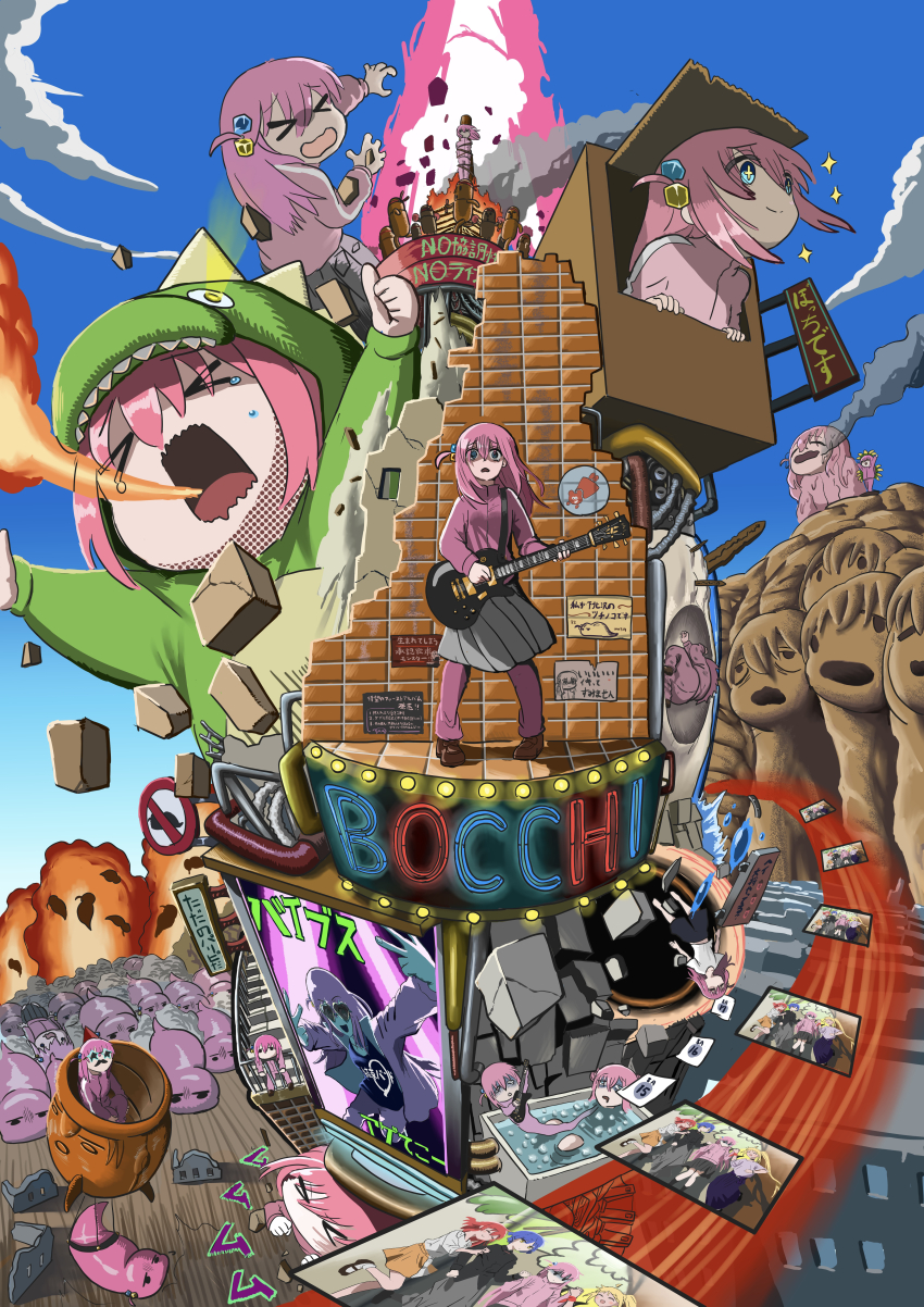 &gt;_&lt; 4girls absurdres animal_costume blonde_hair blue_eyes blue_hair bocchi_the_rock! bound box breath_weapon breathing_fire brick_wall burning_at_the_stake cardboard_box closed_mouth copyright_name crater cube_hair_ornament dragon_costume electric_guitar explosion fire former_manager_(artist) gibson_les_paul gotoh_hitori gotoh_hitori_(tsuchinoko) grey_skirt guitar hair_ornament highres holding holding_instrument holding_plectrum ijichi_nijika instrument jacket kita_ikuyo long_hair lying meme mountain multiple_girls music on_side one_side_up open_mouth pants pants_under_skirt parody pink_hair pink_jacket pink_pants pink_track_suit playing_instrument pleated_skirt plectrum red_hair skirt smoke solo_focus stake tied_to_stake tied_up_(nonsexual) track_jacket track_pants track_suit yamada_ryo yamcha_pose_(meme)