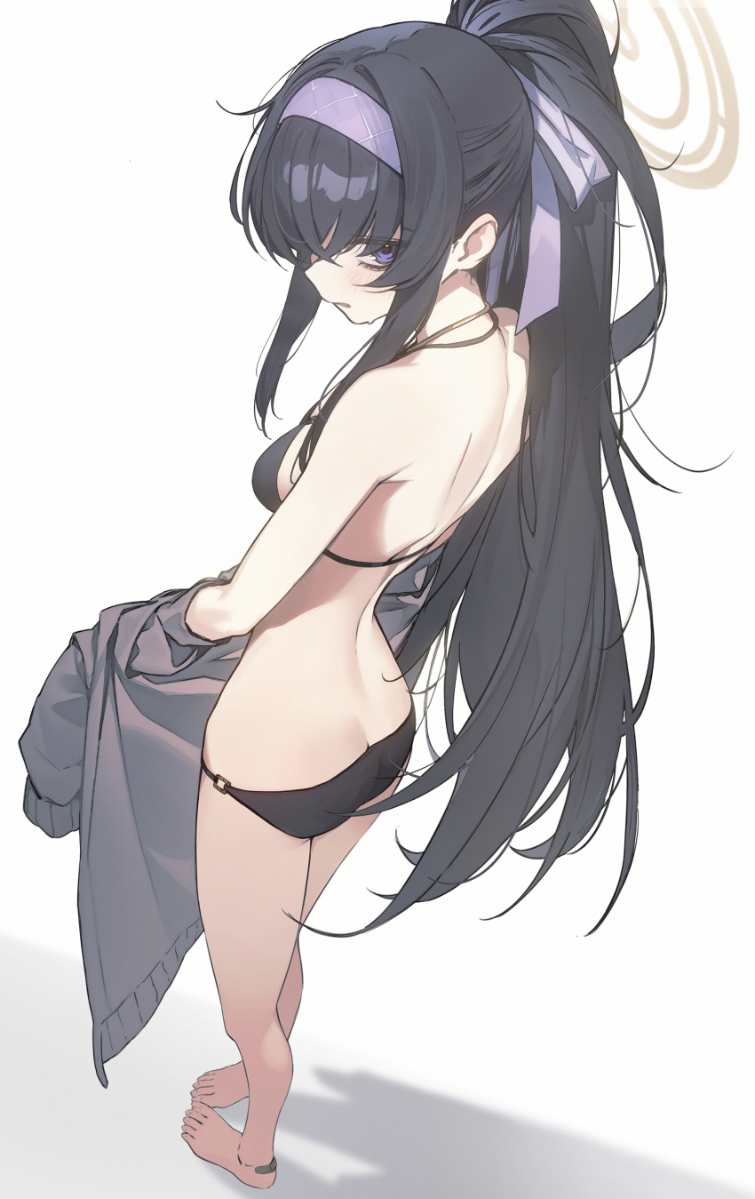 1girl absurdres ass back bandaid bandaid_on_foot bare_shoulders barefoot bikini black_bikini blue_archive breasts brown_halo butt_crack cardigan drive_shot full_body grey_cardigan hairband halo highres jewelry long_hair looking_at_viewer medium_breasts necklace o-ring o-ring_bikini o-ring_bottom official_alternate_costume official_alternate_hairstyle ponytail purple_eyes purple_hairband simple_background solo standing swimsuit toes ui_(blue_archive) ui_(swimsuit)_(blue_archive) white_background